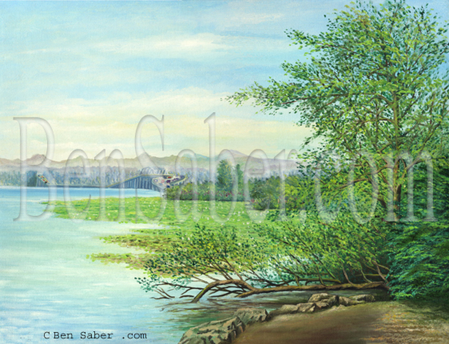 Floating bridge lake Washington #2. Original acrylic painting on canvas Picture