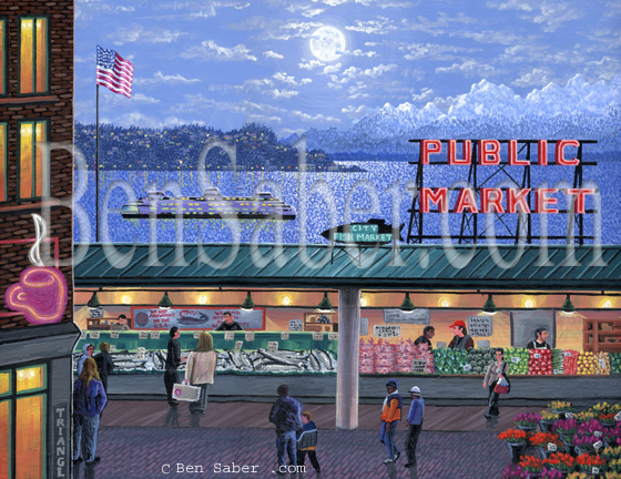 Pike Place Market at night painting Picture