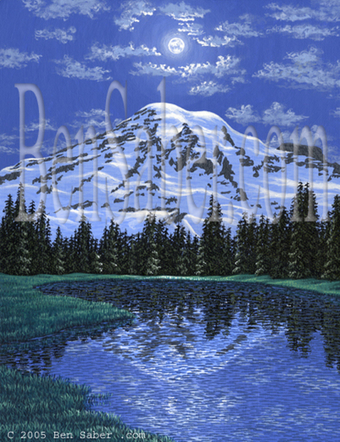 Mt Rainier at night moon light Original acrylic painting on canvas Picture