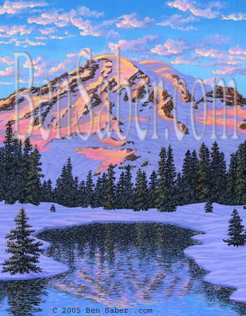 Snow at Mount Rainier at sunset.  Original acrylic painting on canvas Picture