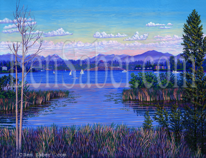 Floating bridge Lake Washington Seattle.  Original acrylic painting on canvas Picture