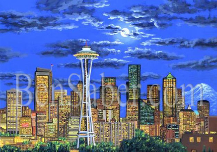 Downtown Seattle in the night lights painting Picture