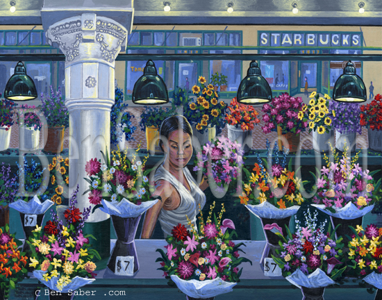 Painting  Flower vendor. Pike Place Market. Seattle Picture
